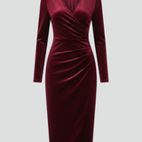 Damen Midi-Kleid mit V-Ausschnitt und langen Ärmeln