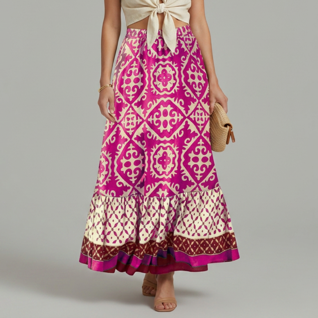 Damen Maxi-Rock mit Print, elastischem Bund und gestuftem Design