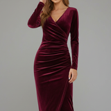 Damen Midi-Kleid mit V-Ausschnitt und langen Ärmeln