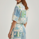 Zwei-teiliges Damen-Set mit Patchwork-Oberteil und verstellbaren Shorts