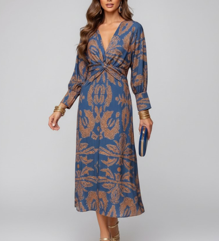 Damen Maxi Kleid mit V-Ausschnitt und bedruckter Oberfläche