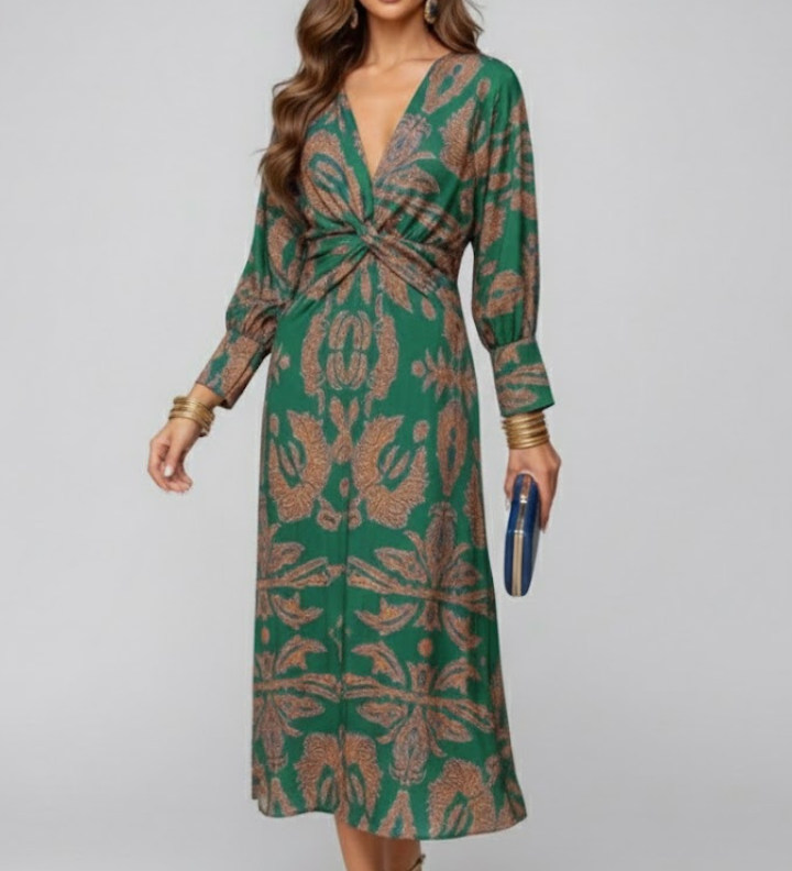 Damen Maxi Kleid mit V-Ausschnitt und bedruckter Oberfläche