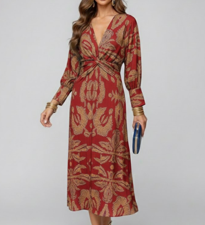 Damen Maxi Kleid mit V-Ausschnitt und bedruckter Oberfläche
