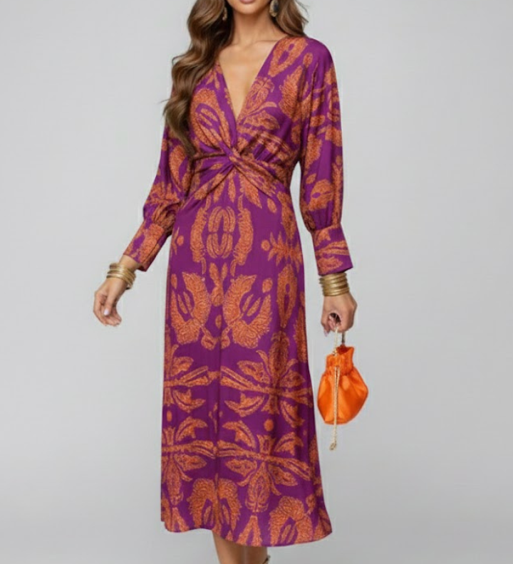 Damen Maxi Kleid mit V-Ausschnitt und bedruckter Oberfläche