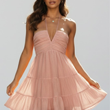 Damen Halter Mini Kleid mit gestuftem Rüschensaum