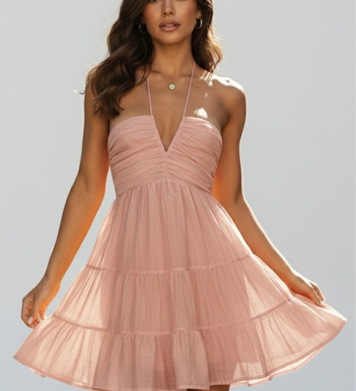 Damen Halter Mini Kleid mit gestuftem Rüschensaum