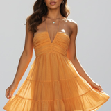 Damen Halter Mini Kleid mit gestuftem Rüschensaum