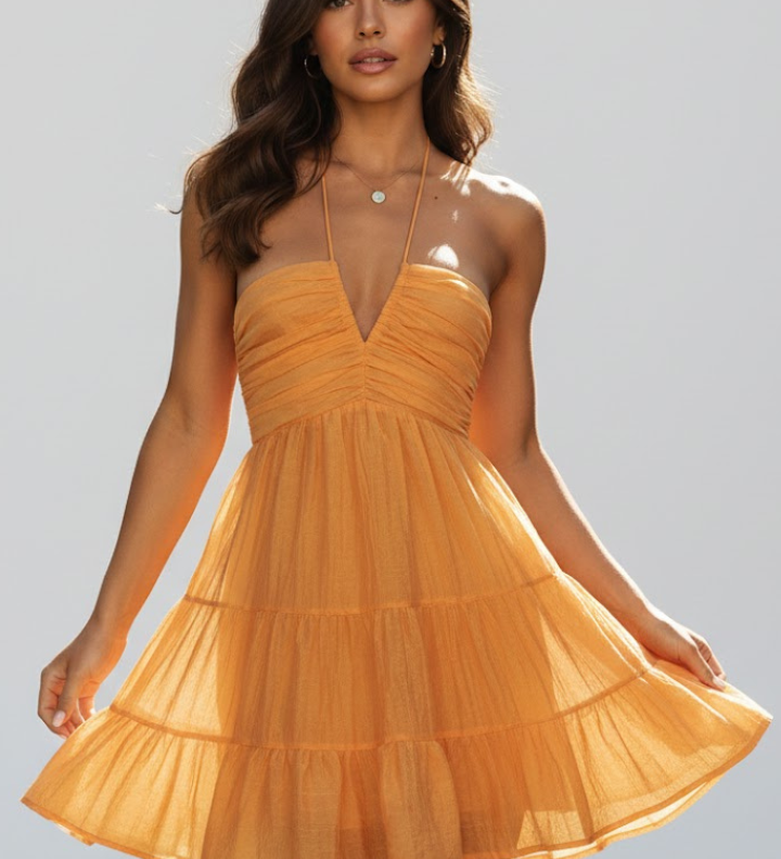 Damen Halter Mini Kleid mit gestuftem Rüschensaum