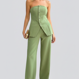 Damen-Bustier-Set mit weit geschnittenen Hosen und Knopfdetails