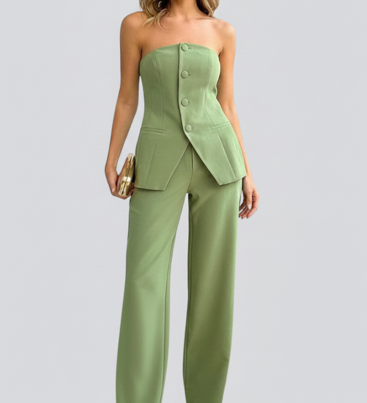 Damen-Bustier-Set mit weit geschnittenen Hosen und Knopfdetails