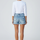 Damen Denim Shorts mit Distressed Oberfläche und Fransen Saum
