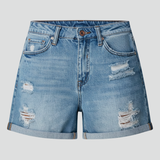 Damen Denim Shorts mit Distressed Oberfläche und Fransen Saum