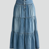 Damen Denim Maxi Rock mit Knöpfen und Stufen