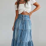 Damen Denim Maxi Rock mit Knöpfen und Stufen