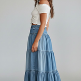 Damen Denim Maxi Rock mit Knöpfen und Stufen
