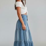 Damen Denim Maxi Rock mit Knöpfen und Stufen