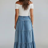 Damen Denim Maxi Rock mit Knöpfen und Stufen