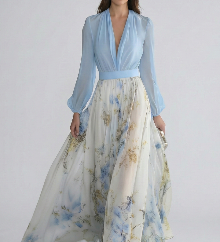 Damen Maxi-Kleid mit V-Ausschnitt und transparenten Ärmeln