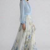 Damen Maxi-Kleid mit V-Ausschnitt und transparenten Ärmeln