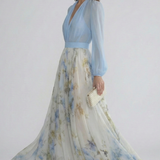 Damen Maxi-Kleid mit V-Ausschnitt und transparenten Ärmeln