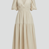 Damen Midi-Kleid mit V-Ausschnitt und Puffärmeln