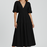 Damen Midi-Kleid mit V-Ausschnitt und Puffärmeln