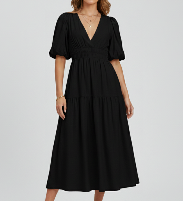 Damen Midi-Kleid mit V-Ausschnitt und Puffärmeln