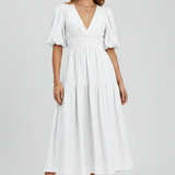 Damen Midi-Kleid mit V-Ausschnitt und Puffärmeln