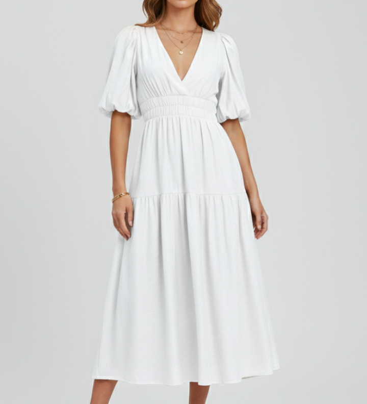 Damen Midi-Kleid mit V-Ausschnitt und Puffärmeln