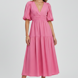 Damen Midi-Kleid mit V-Ausschnitt und Puffärmeln