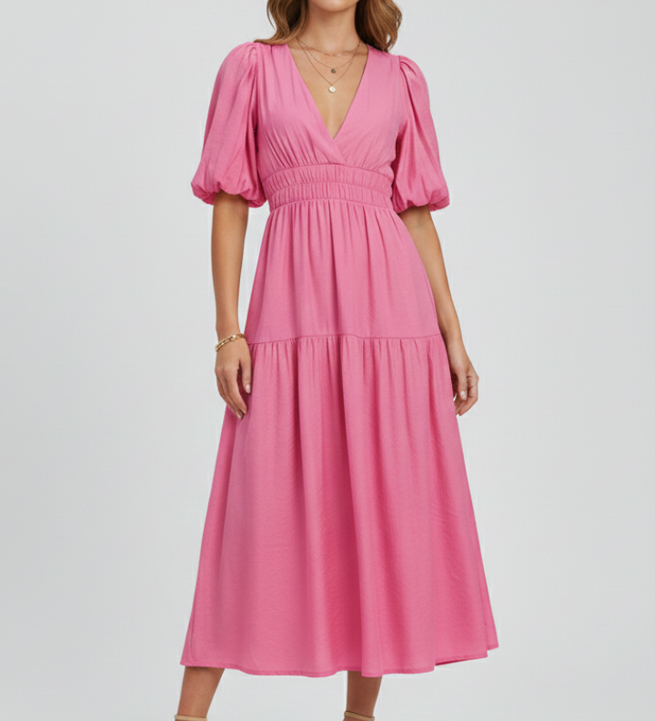 Damen Midi-Kleid mit V-Ausschnitt und Puffärmeln