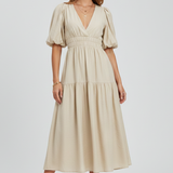 Damen Midi-Kleid mit V-Ausschnitt und Puffärmeln
