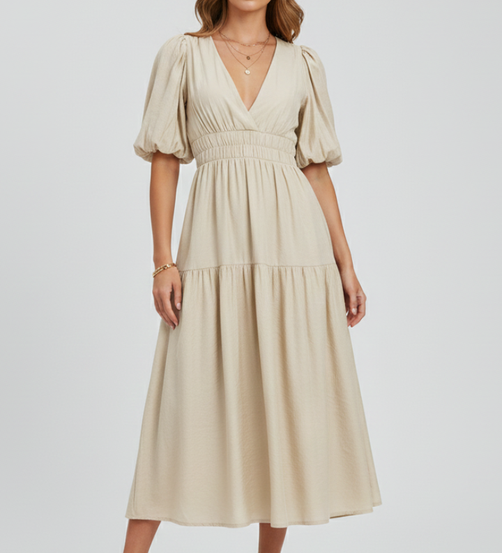 Damen Midi-Kleid mit V-Ausschnitt und Puffärmeln