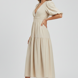 Damen Midi-Kleid mit V-Ausschnitt und Puffärmeln