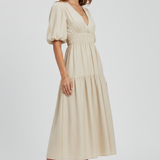 Damen Midi-Kleid mit V-Ausschnitt und Puffärmeln