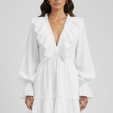 Damen Mini-Kleid mit V-Ausschnitt und Rüschensaum