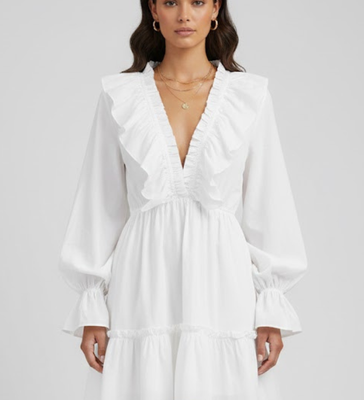 Damen Mini-Kleid mit V-Ausschnitt und Rüschensaum