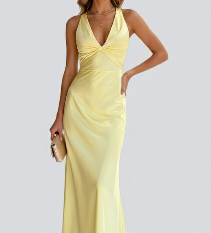 Damen Maxikleid mit V-Ausschnitt und tailliertem Bund