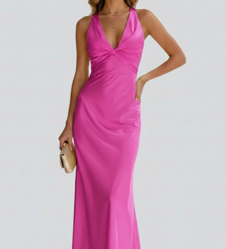 Damen Maxikleid mit V-Ausschnitt und tailliertem Bund