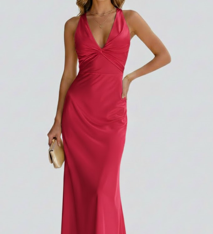 Damen Maxikleid mit V-Ausschnitt und tailliertem Bund