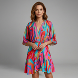 Damen Mini Kleid mit Tierdruck, Wickelstil, Flatterärmeln und Rüschensaum