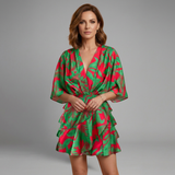 Damen Mini Kleid mit Tierdruck, Wickelstil, Flatterärmeln und Rüschensaum
