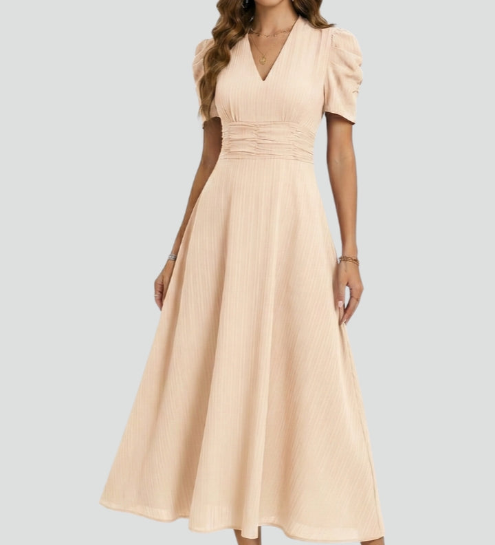 V-Ausschnitt Midi-Kleid mit kurzen Ärmeln