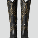 Damen Stiefeletten mit hohem Schaft, klobigem Absatz und Nieten-Detail