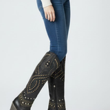 Damen Stiefeletten mit hohem Schaft, klobigem Absatz und Nieten-Detail