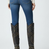 Damen Stiefeletten mit hohem Schaft, klobigem Absatz und Nieten-Detail