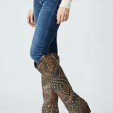 Damen Stiefeletten mit hohem Schaft, klobigem Absatz und Nieten-Detail