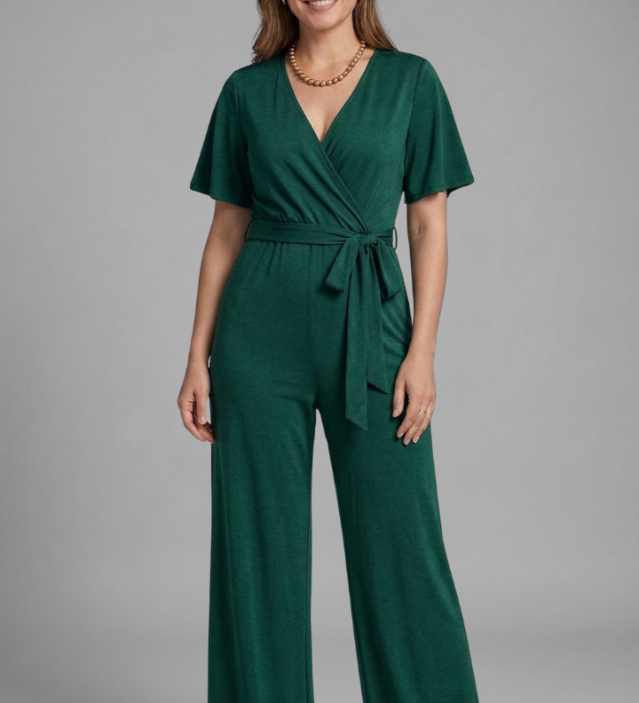 Damen Jumpsuit mit Wickel-Front und Bindegürtel