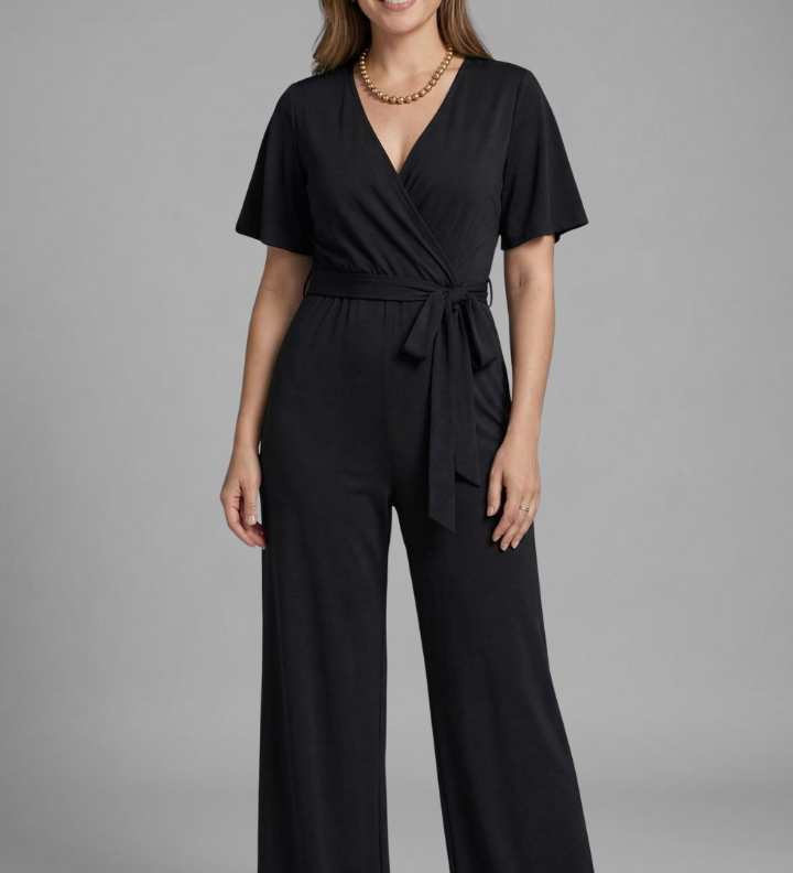 Damen Jumpsuit mit Wickel-Front und Bindegürtel