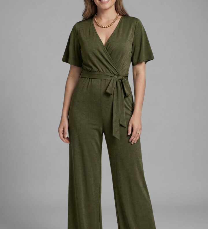 Damen Jumpsuit mit Wickel-Front und Bindegürtel